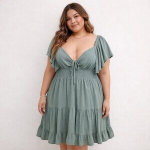 Venus Milkmaid Dress Plus Size 2X. Olive Green Boho Tiered Peasant Skirt Ruffles